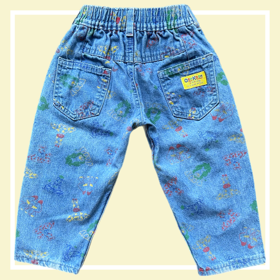 Vintage OshKosh “Jungle” Yellow Patch Jeans 2T