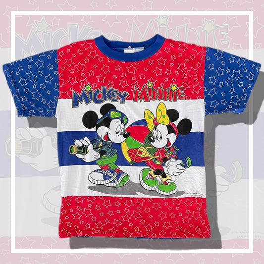 Vintage Mickey and Minnie Mouse AOP USA Flag Disney T-shirt